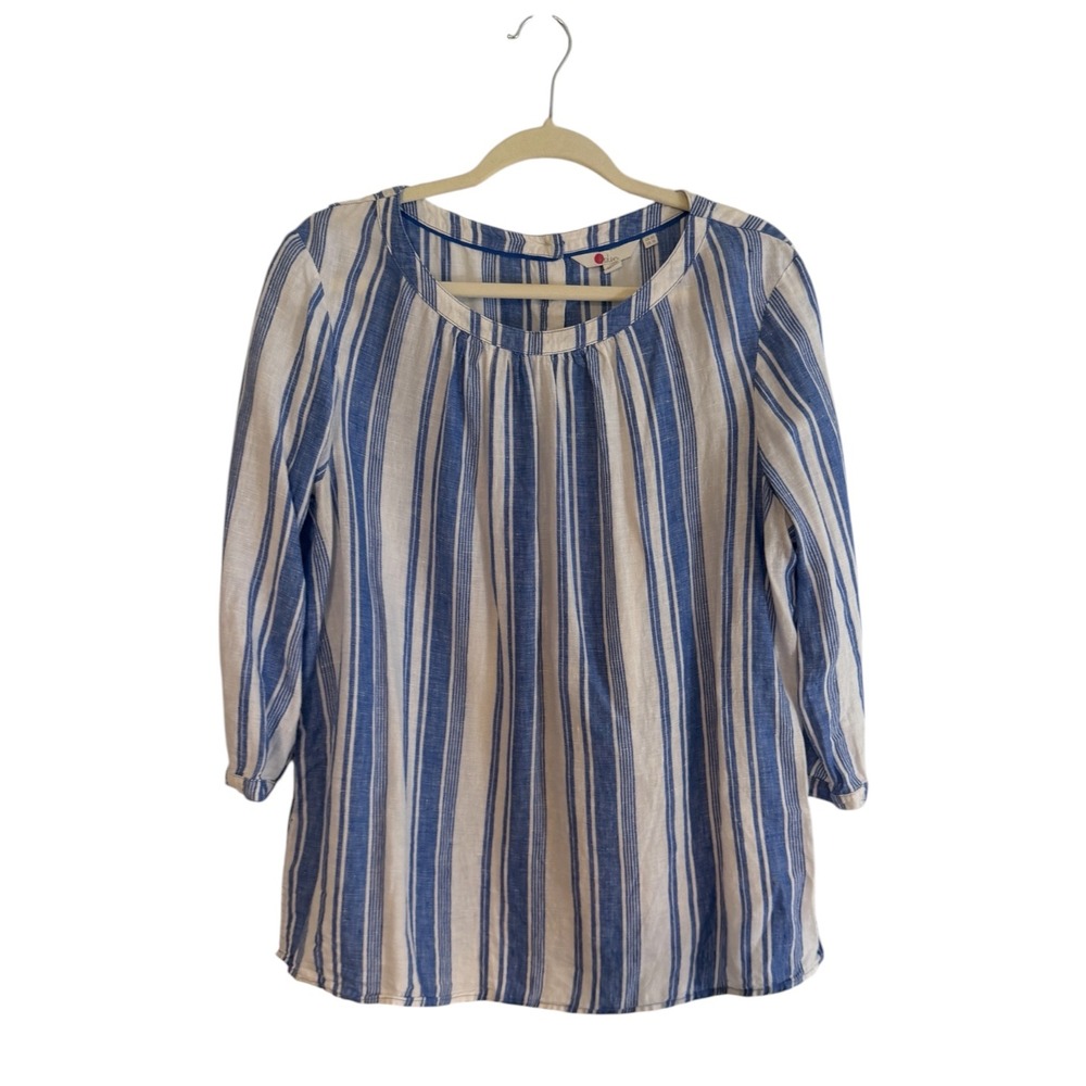 Boden Blouse Blue 16 Womens Linen Striped Button Back 3/4 Sleeve WA791